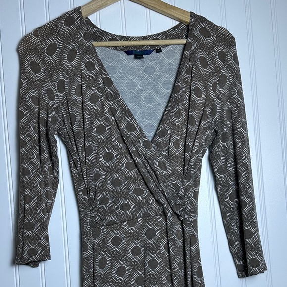 Boden Brown and White Circle Wrap Midi Fit and FLare Dress SZ 8R Stretch Casual - Picture 3 of 12